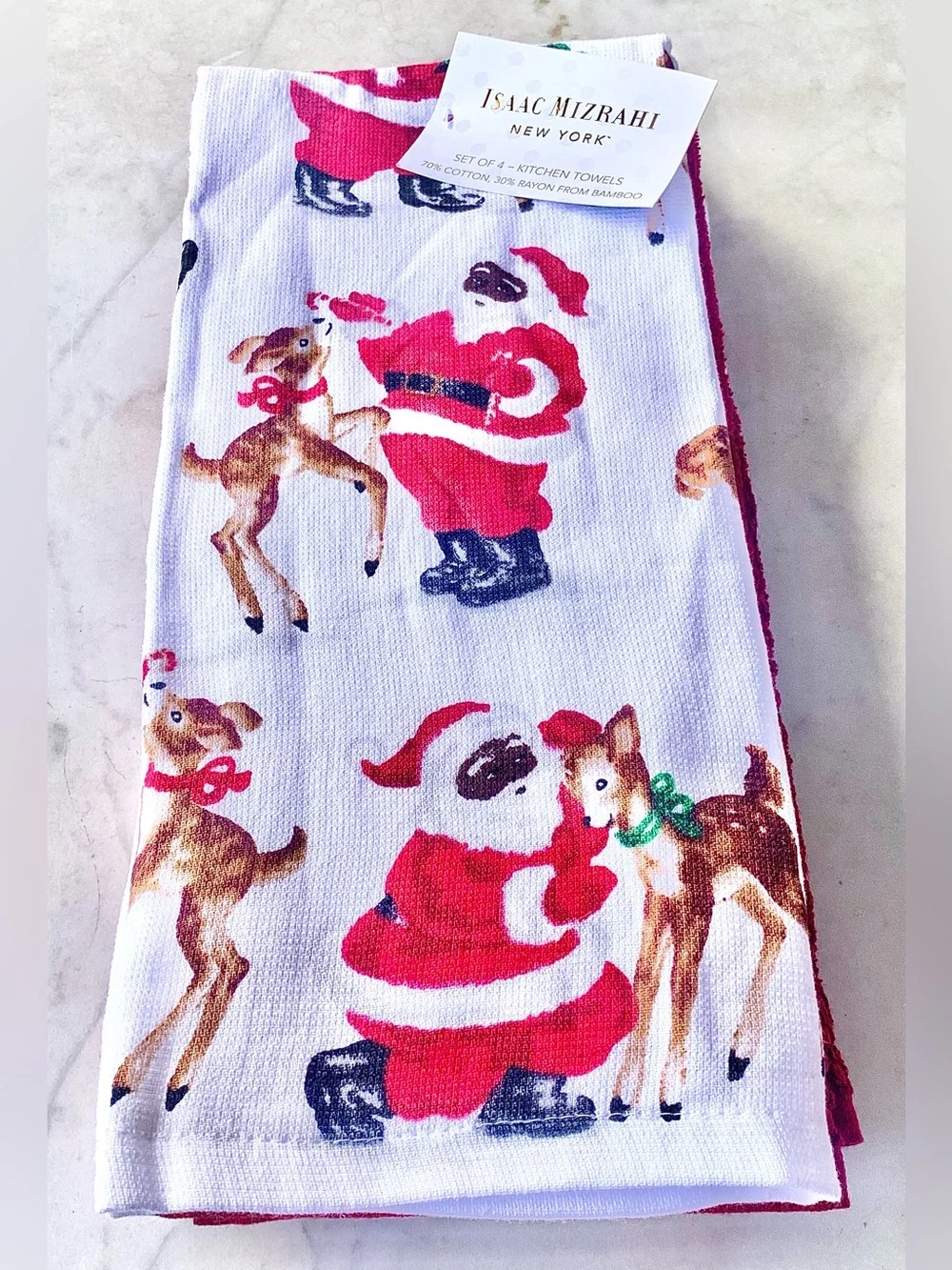ISAAC MIZRAHI NEW YORK SANTA Red & White Holiday Kitchen Towel Set OF 4   NEW